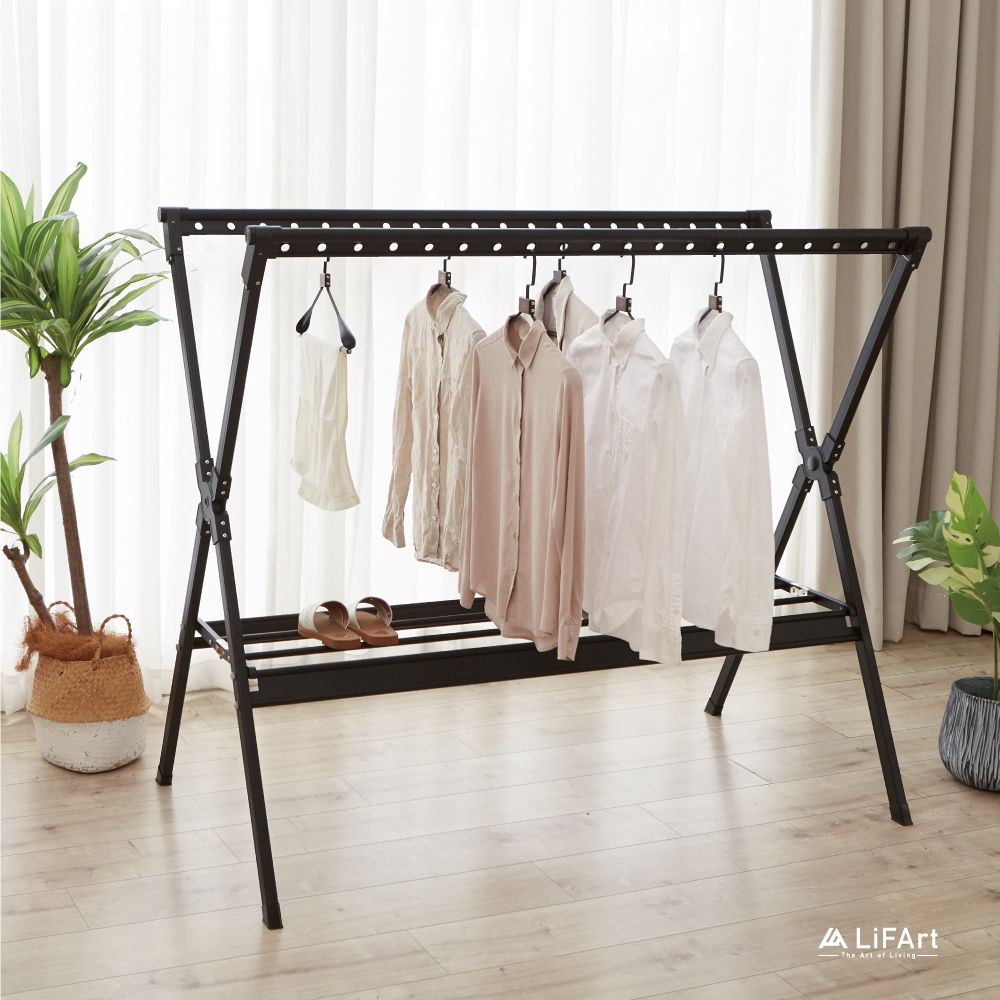 【LiFArt】頂級鋁合金雙桿伸縮X型曬衣架-2.5M(2色)/ 質感黑