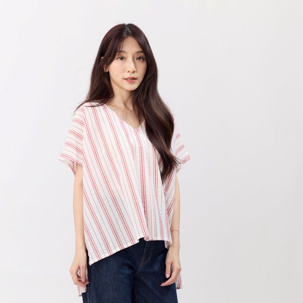 好我 so that's me Vicky夏日V領棉質寬上衣/ 紅白直條/ FREE SIZE