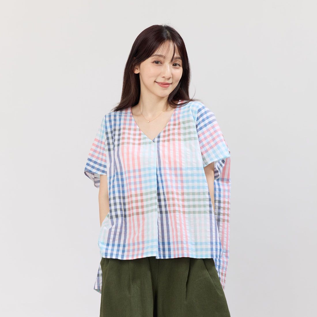 好我 so that's me Vicky夏日V領棉質寬上衣/ 彩格紋/ FREE SIZE