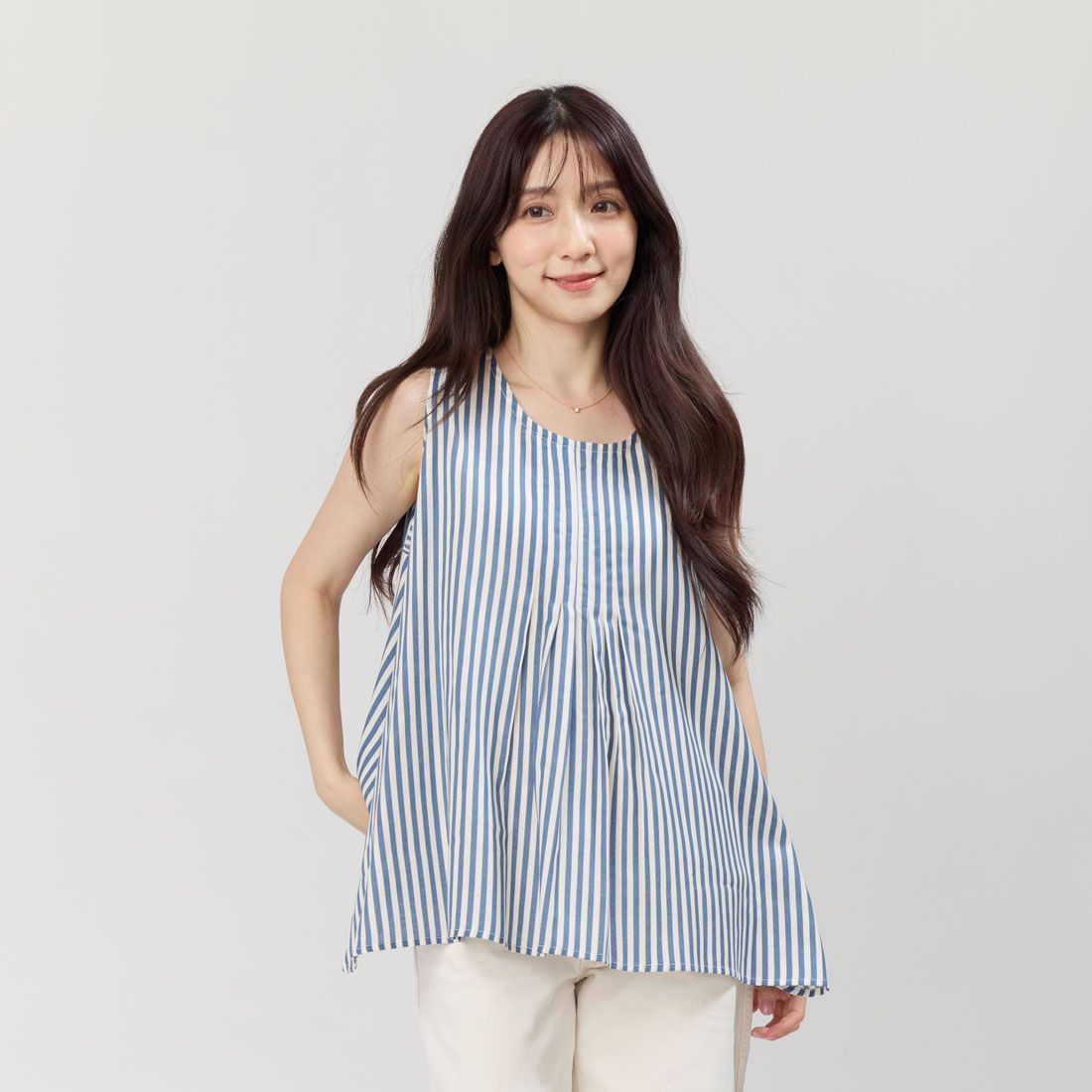 好我 so that's me Coco夏日無袖飄逸傘擺印花上衣/ 藍白細條/ FREE SIZE