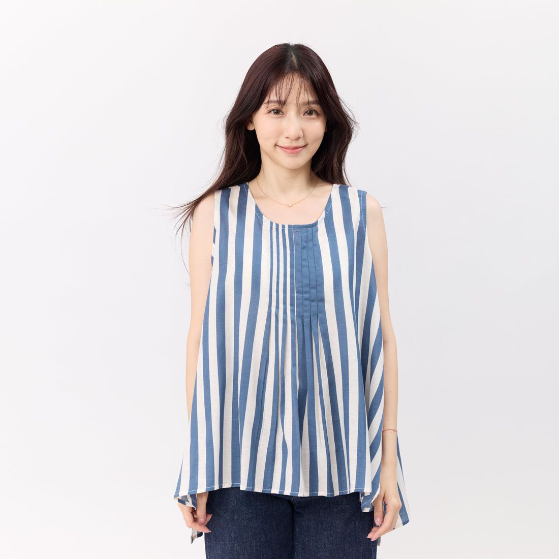 好我 so that's me Coco夏日無袖飄逸傘擺印花上衣/ 藍白寬條/ FREE SIZE