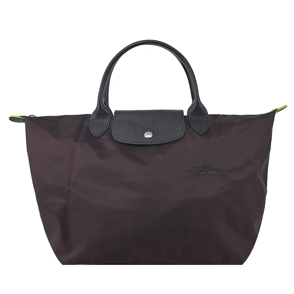 LONGCHAMP LE PLIAGE GREEN系列刺繡短把再生尼龍摺疊水餃包(中/摩卡棕)/平行輸入