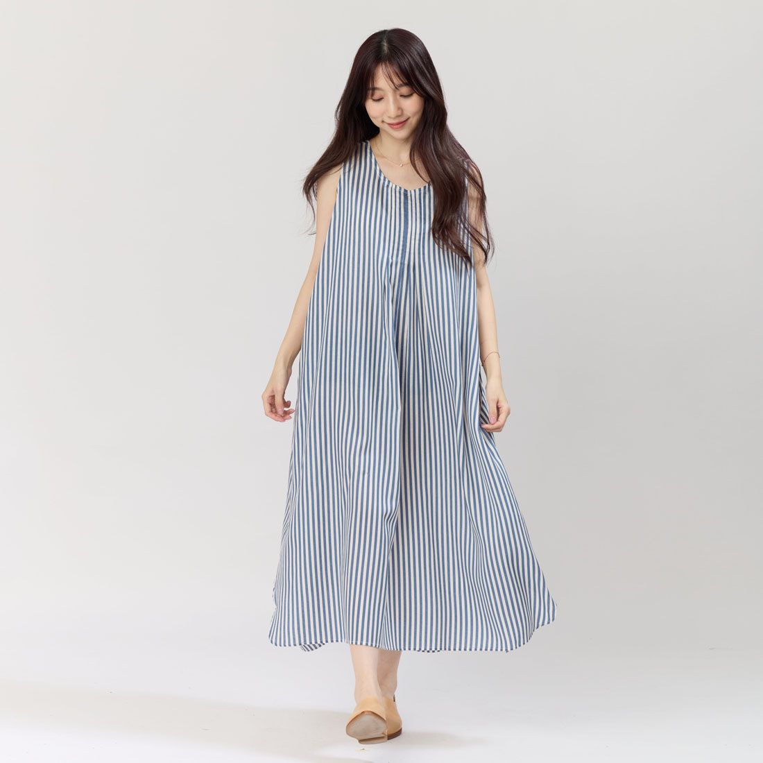 好我 so that's me Nana無袖前摺直條印花長洋裝/藍白細條/ FREE SIZE