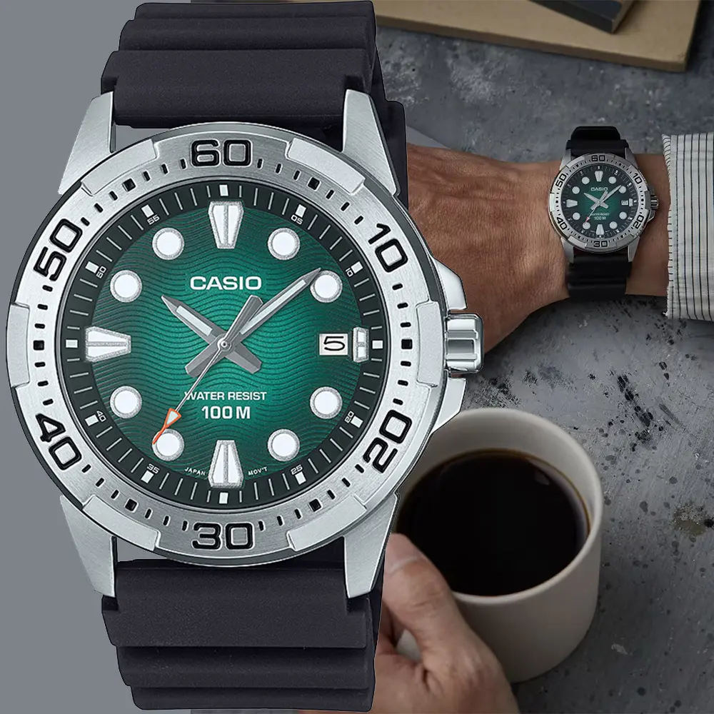 CASIO 卡西歐 銀龍魚系列 海上運動風大三針石英手錶 學生錶-綠色面/ MTD-140-3AV