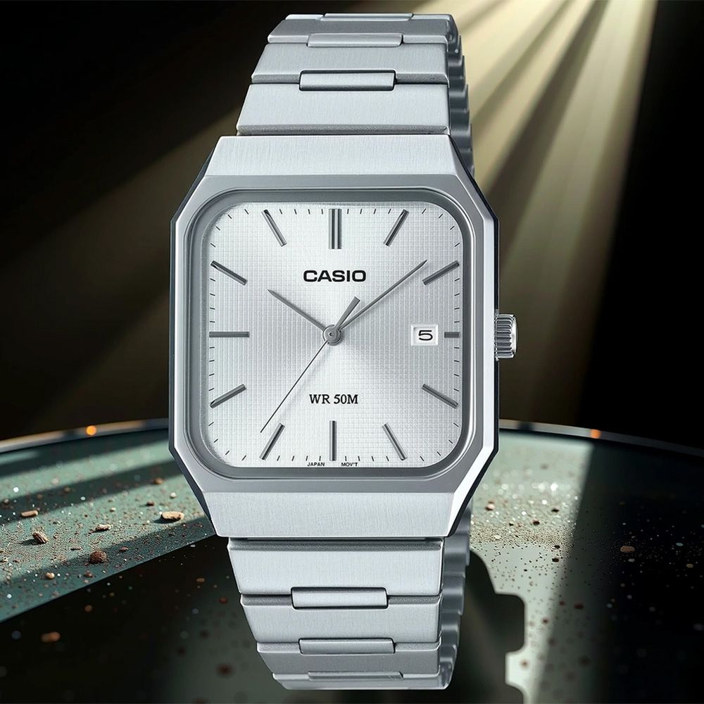 CASIO 卡西歐 方形日期指針手錶 不鏽鋼帶 考試錶 學生錶/ MTP-B185D-7AV
