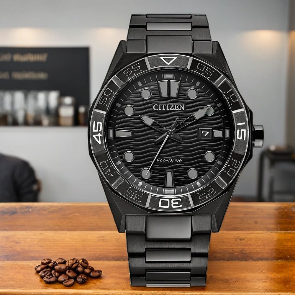 CITIZEN 星辰 父親節推薦款 光動能水波紋潮流大三針手錶-黑 男錶/ AW1855-52E