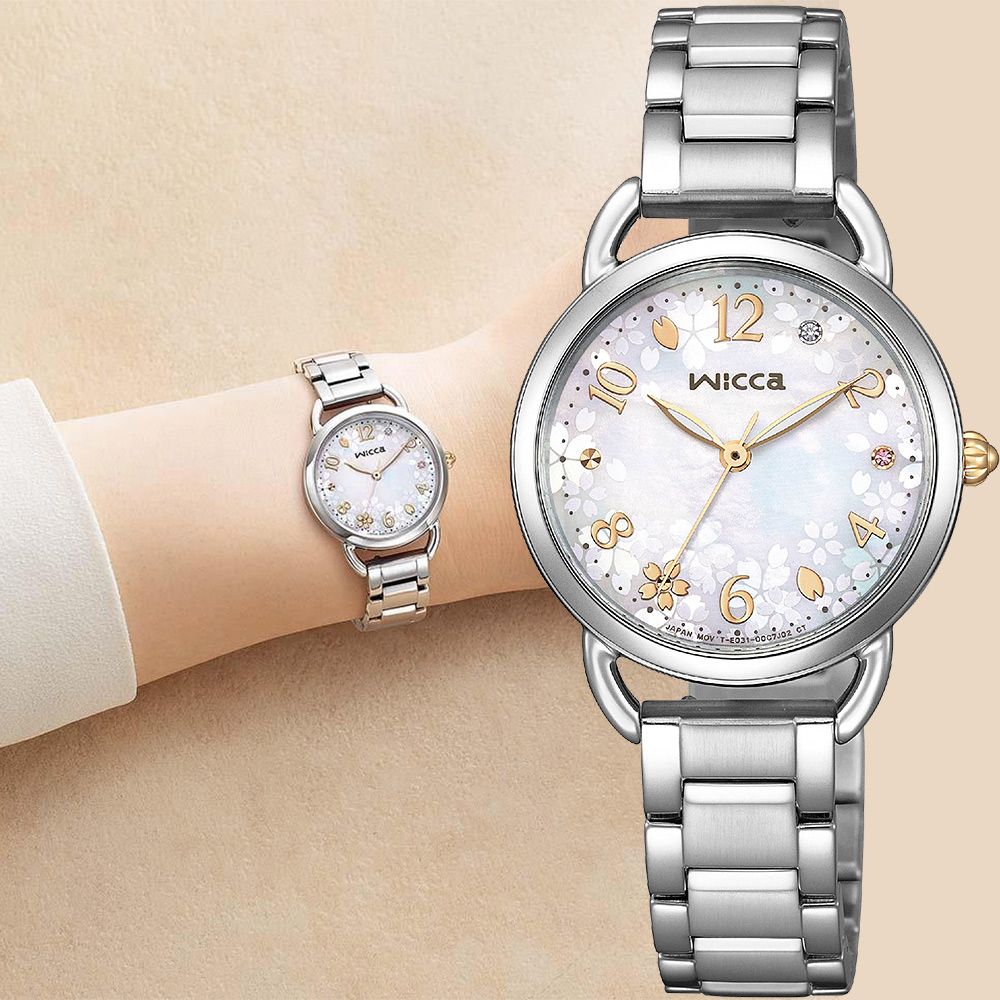 CITIZEN 星辰 Wicca 七夕情人節推薦款 櫻吹雪太陽能白蝶貝女錶 套錶-28mm 手錶/ KP6-014-21