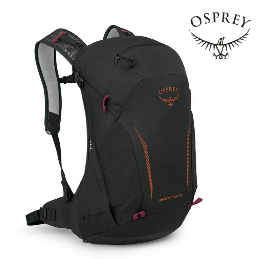 【Osprey 美國】Hikelite Tour 24 輕量化健行背包 附防水套 渡鴉黑/變幻紅｜登山健行背包 多功能運動背包