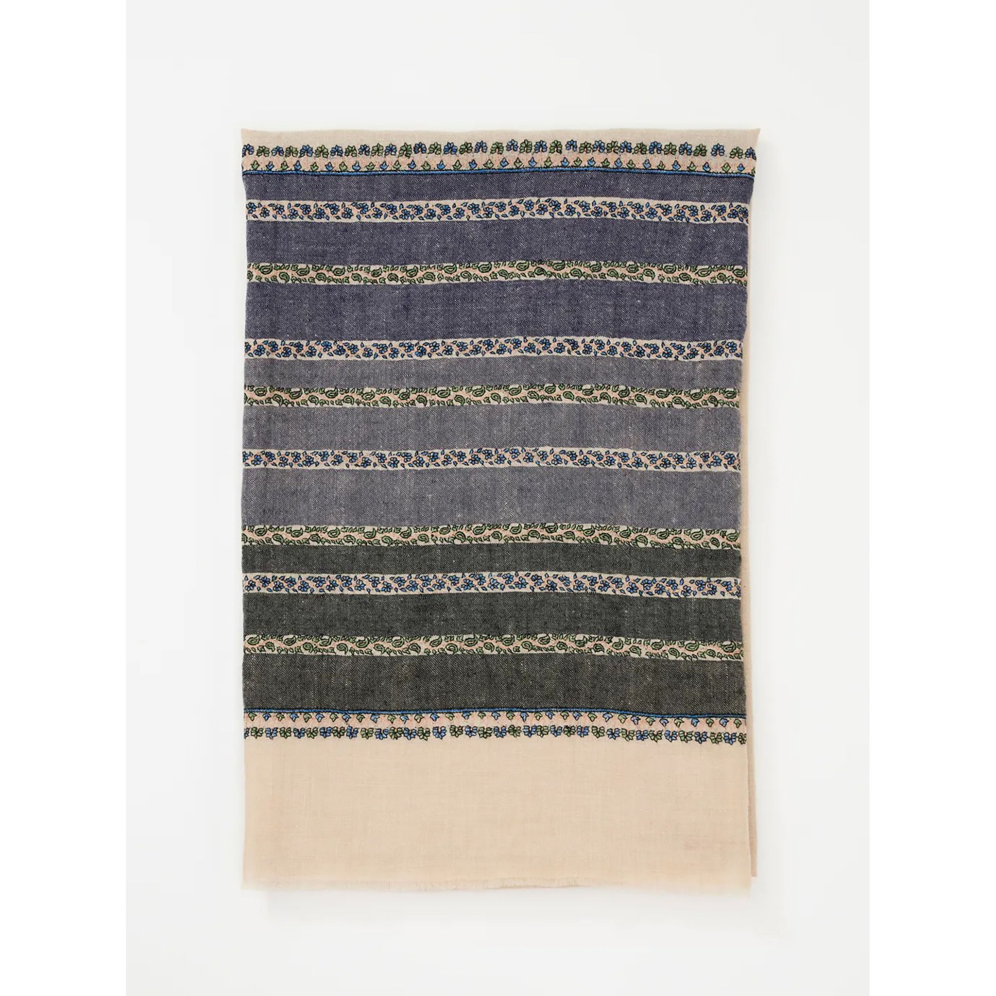 《Bala Shawls》Hand Embroidered Pashmina 喀什米爾手工刺繡披肩/Palla條紋設計款 灰藍