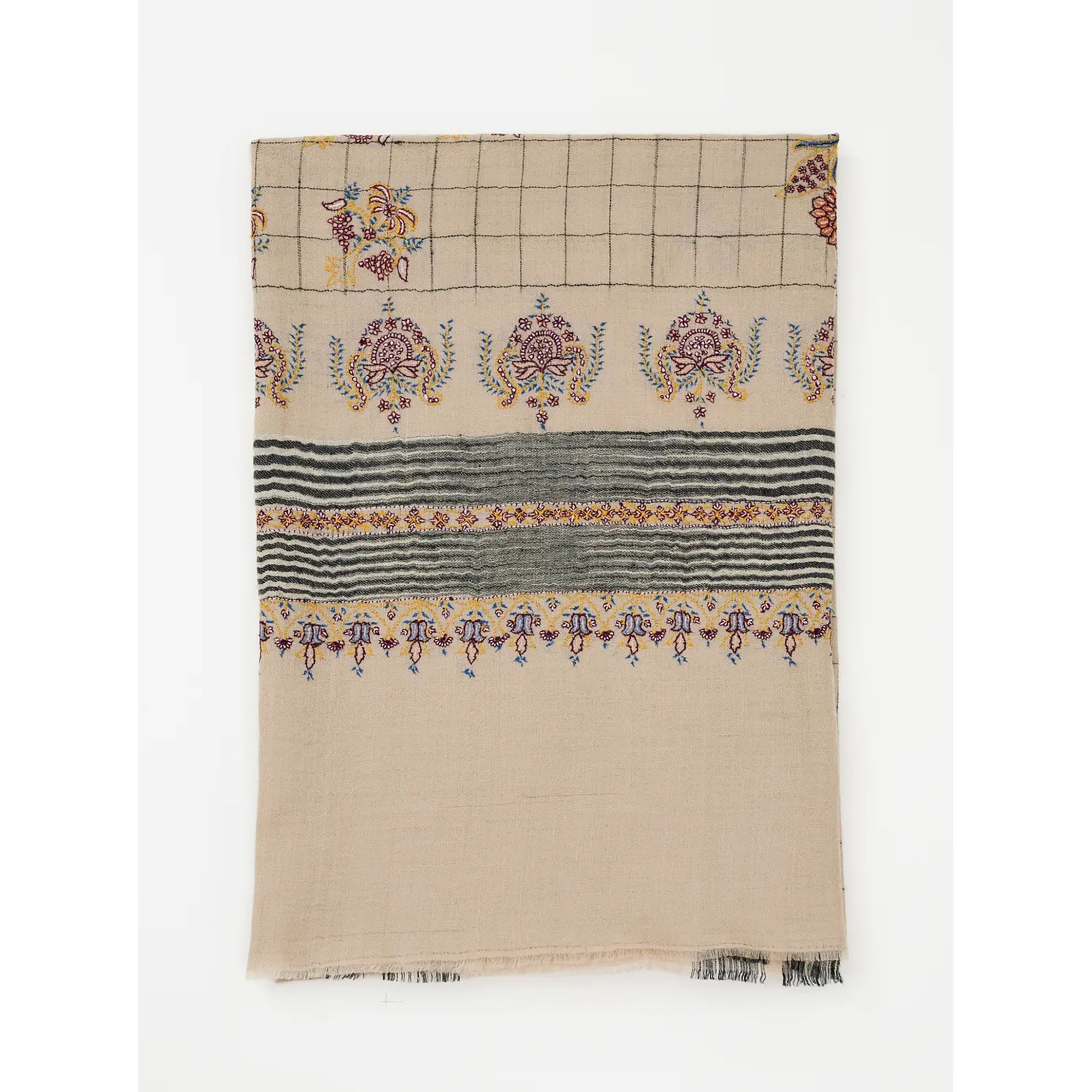 《Bala Shawls》Hand Embroidered Pashmina 喀什米爾手工刺繡披肩/羊毛原色大角花設計款