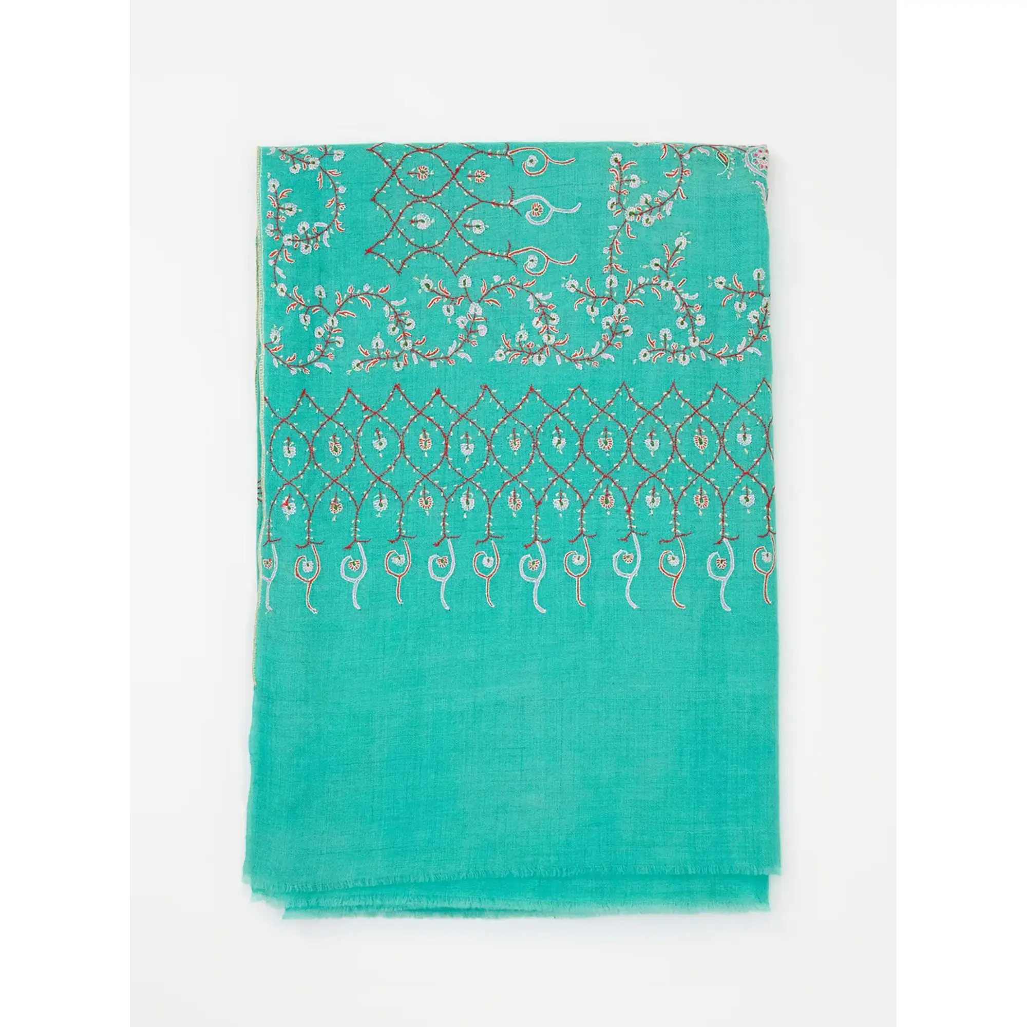 《Bala Shawls》Hand Embroidered Pashmina 喀什米爾手工刺繡披肩/ 古典藤蔓花卉窗花(薄荷綠)