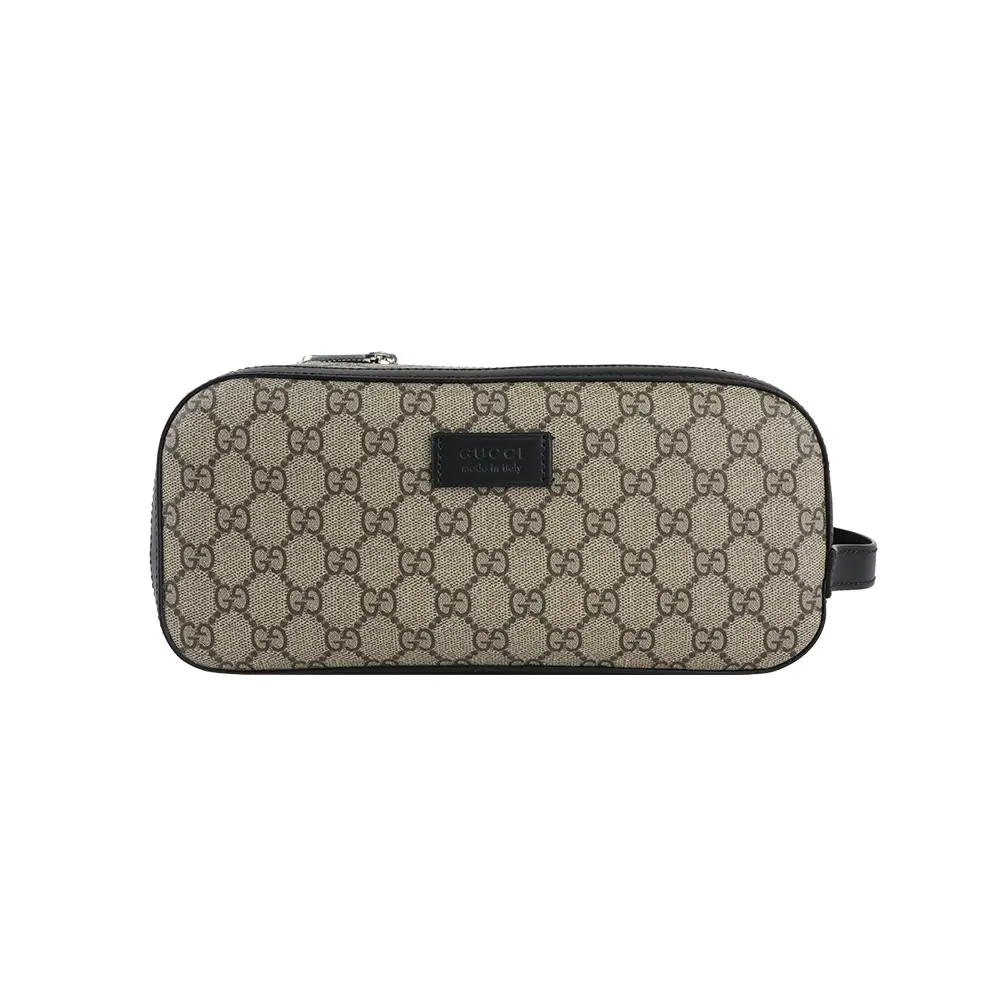 【GUCCI】GG Supreme 帆布及皮革雙拉鍊手拿包/洗漱包(米色/黑色)/ 平行輸入