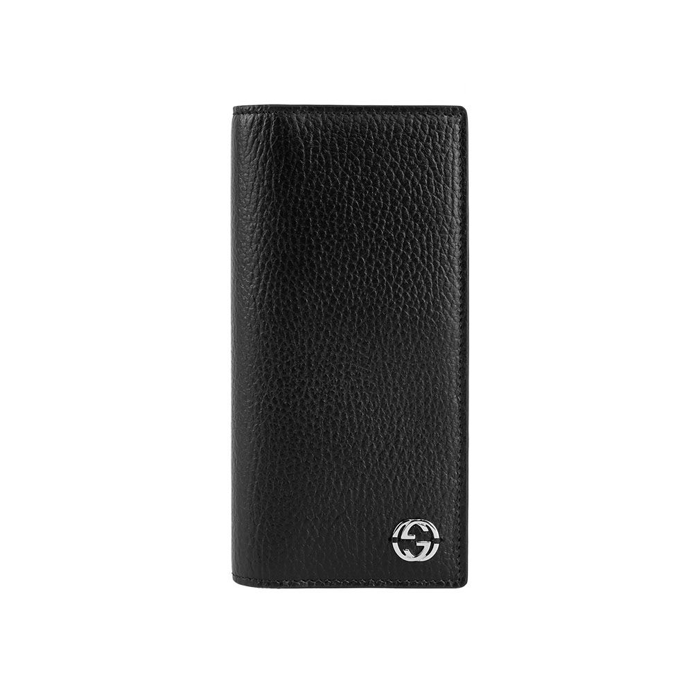 【GUCCI】金屬縫線雙G Logo 牛皮二折長夾(黑色)/ 平行輸入