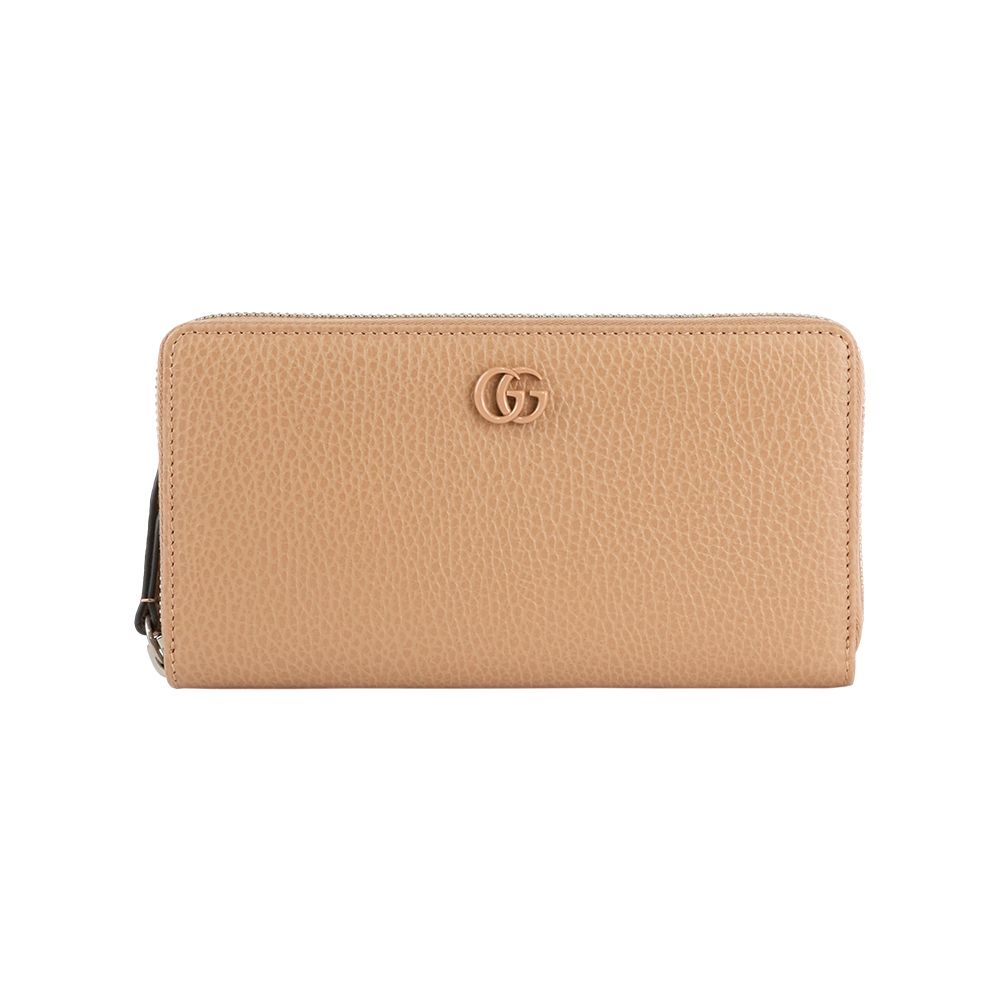 【GUCCI】GG Logo 荔枝皮革ㄇ形拉鍊長夾(裸粉色)/ 平行輸入
