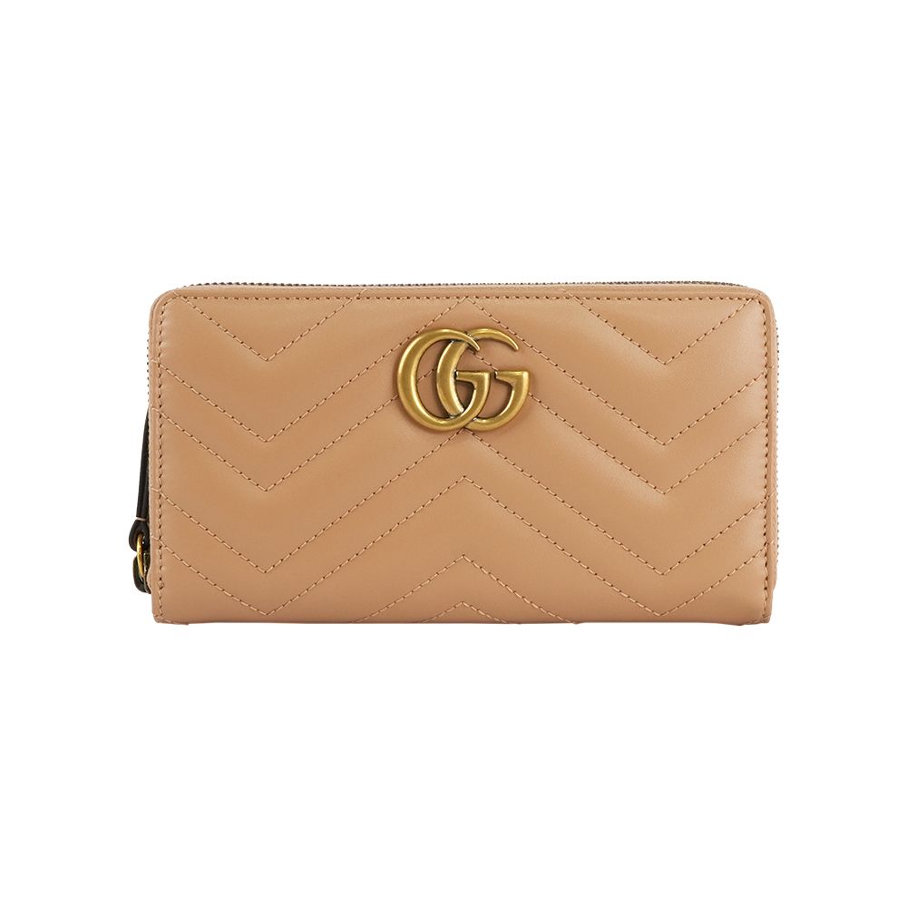 【GUCCI】GG Marmont 縫線皮革ㄇ形拉鍊長夾(裸粉色)/ 平行輸入