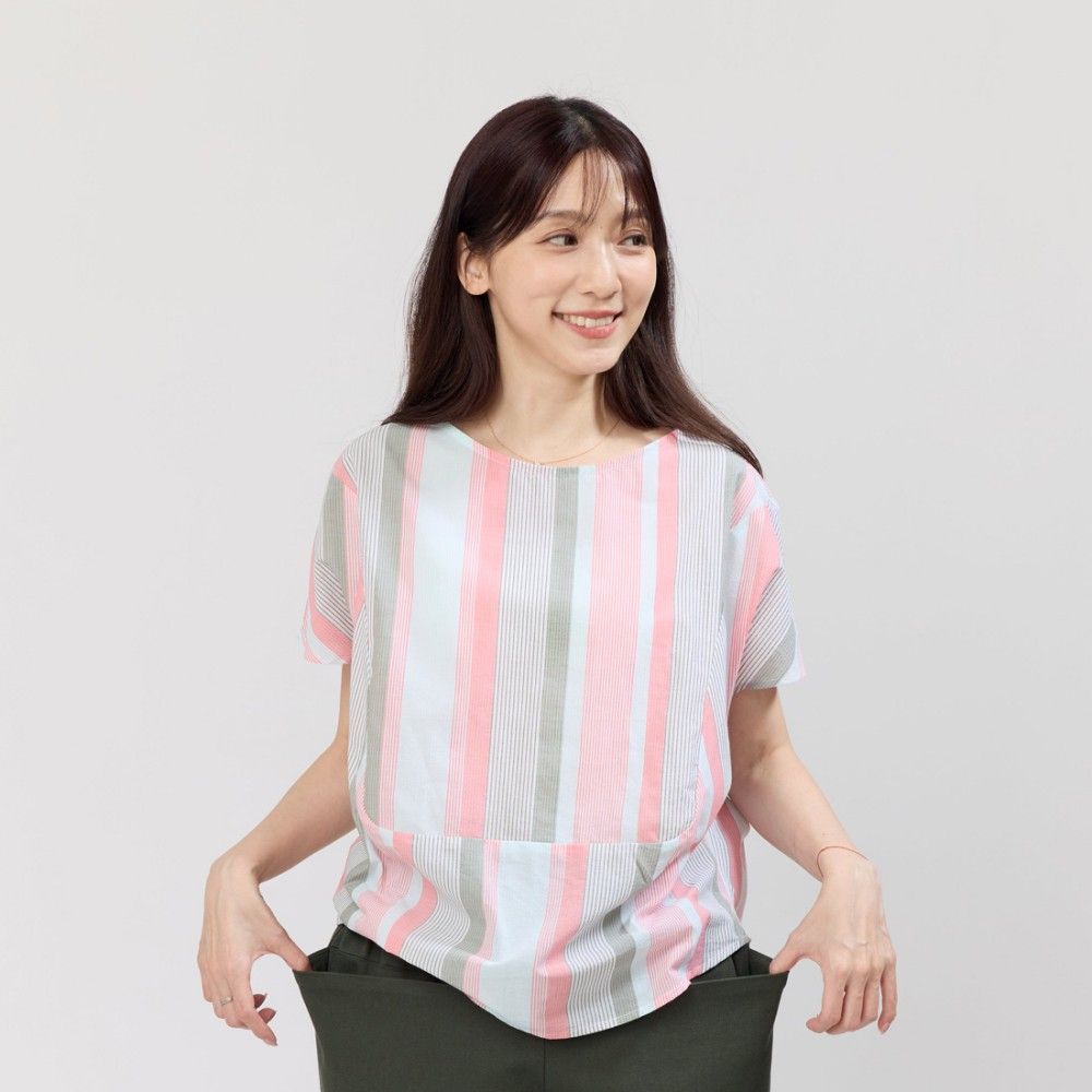 好我 so that's me Debbie 方型小蓋袖拼接棉質直條上衣/綠粉條/ FREE SIZE