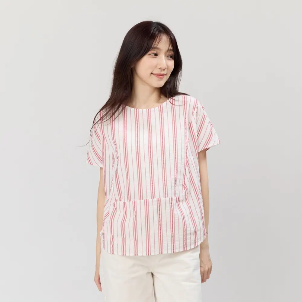 好我 so that's me Debbie 方型小蓋袖拼接棉質直條上衣/紅白條/ FREE SIZE