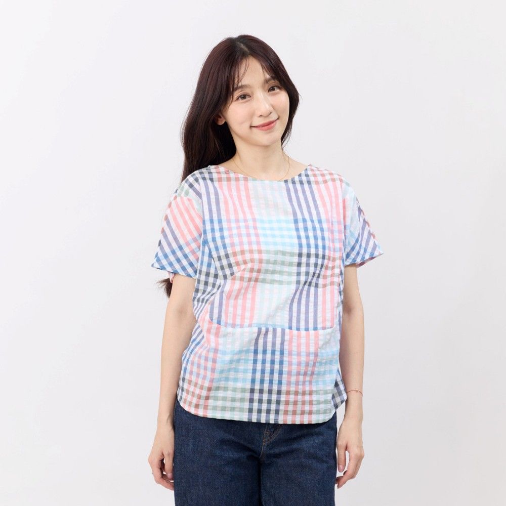 好我 so that's me Debbie 方型小蓋袖拼接棉質直條上衣/彩格紋/ FREE SIZE