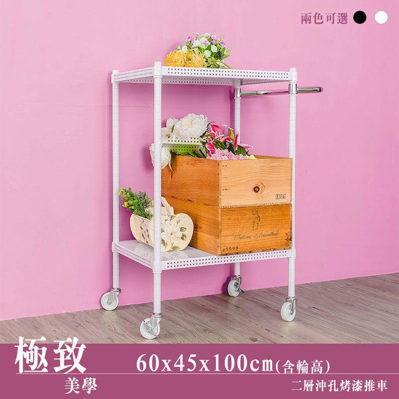 【dayneeds】極致美學 60x45x100公分(含輪高) 二層沖孔烤漆推車/ 白色