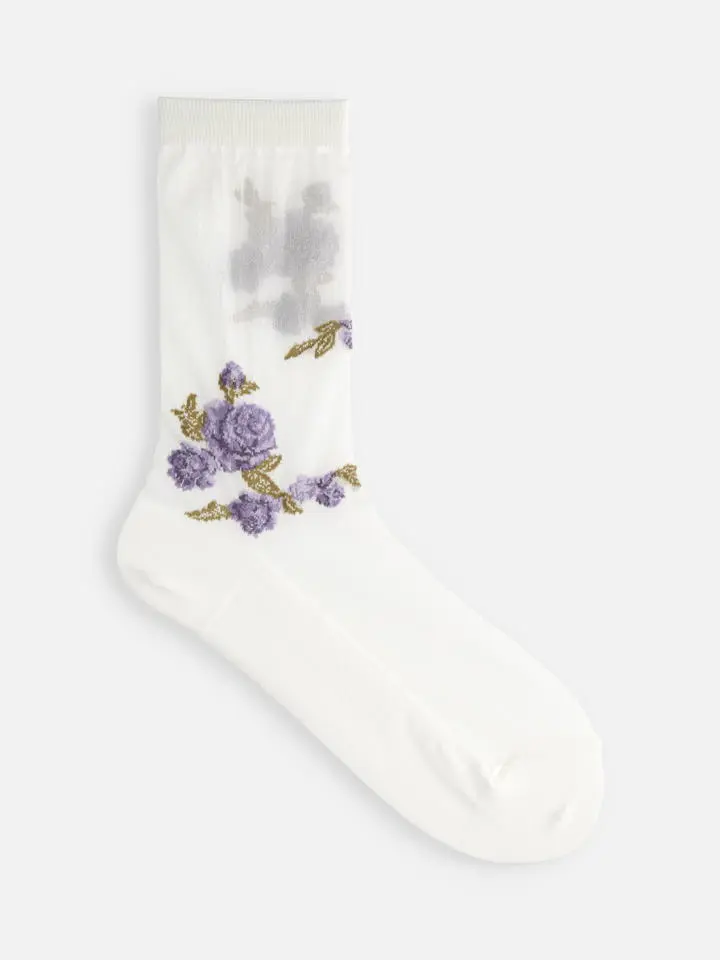 日本 Tabio 透透玫瑰玫瑰中筒襪/ 01/ Off White