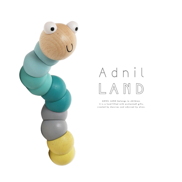 【日本Adnil LAND】寶寶感統抓握木頭玩具-扭扭毛毛蟲/ 藍色