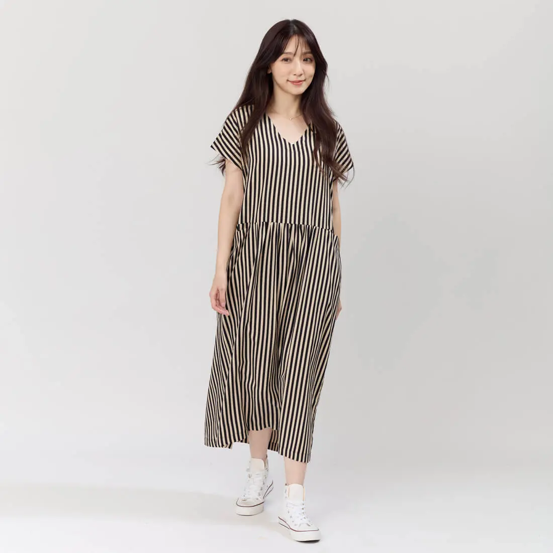 好我 so that's me Phoebe口袋V領高腰剪接洋裝/棕黑條/ FREE SIZE