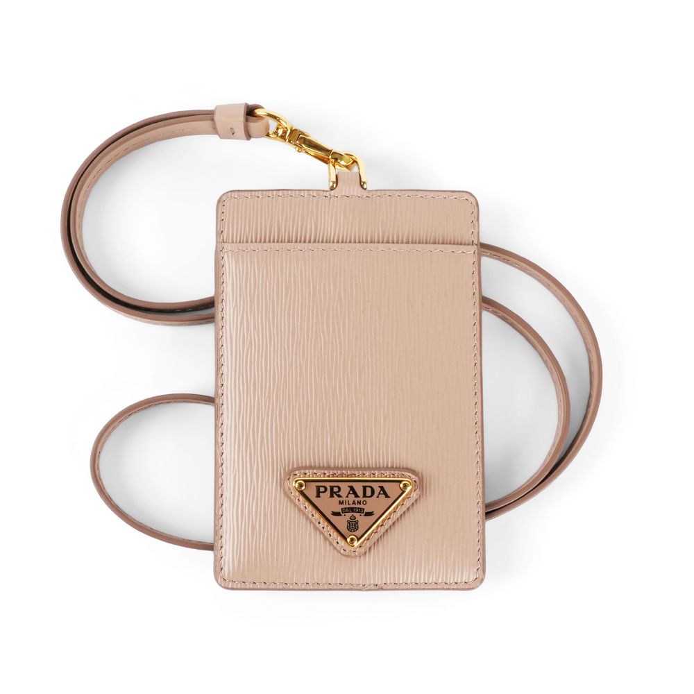 【PRADA】金色三角牌Logo 水波紋皮革掛式證件套/卡夾(藕粉色)/ 平行輸入