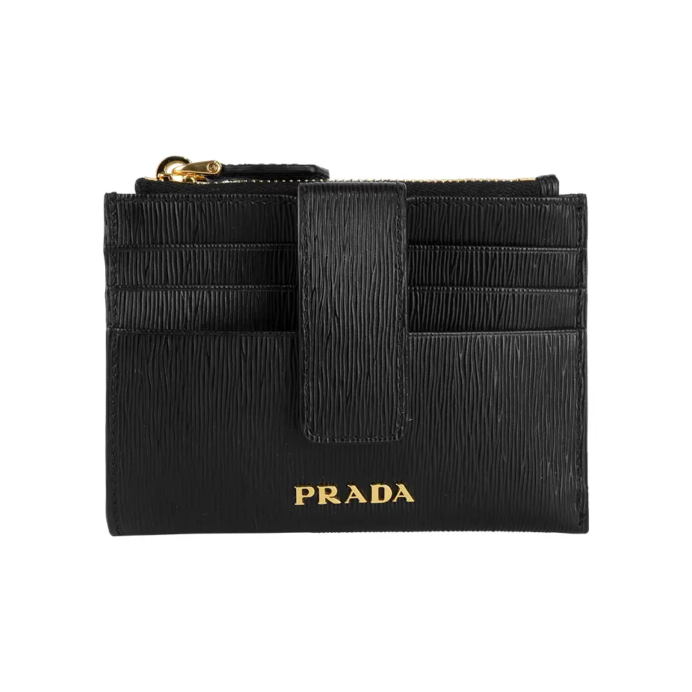【PRADA】金色Logo 水波紋釦式卡夾/拉鍊零錢包(黑色)/ 平行輸入