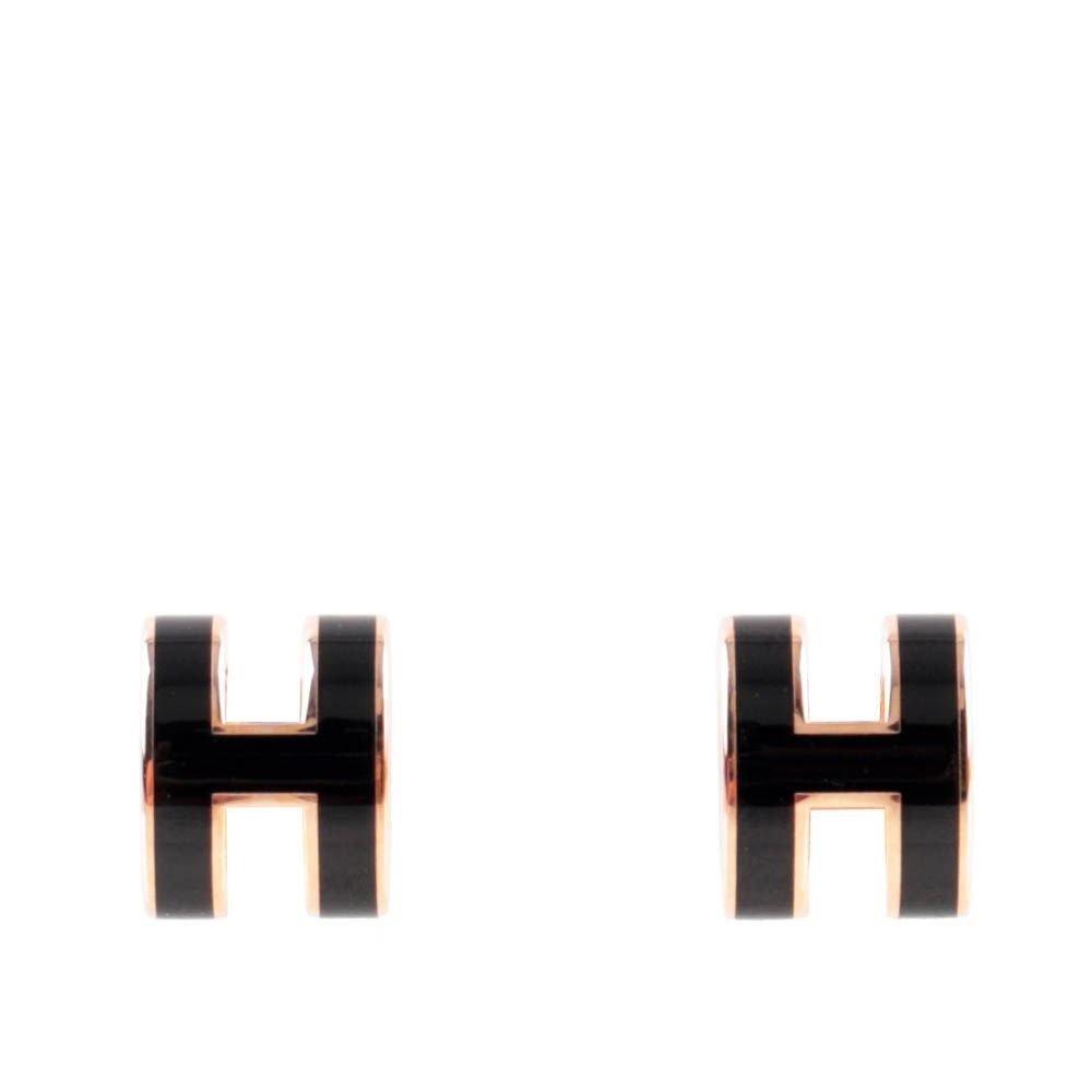 【HERMES】Mini Pop H立體簍空橢圓LOGO耳環(黑色/玫瑰金)/ 平行輸入