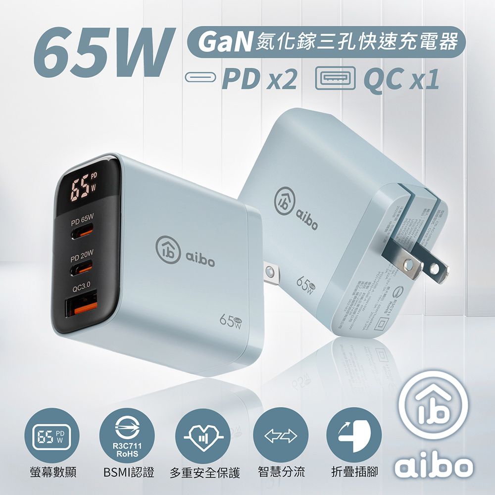 aibo 65W氮化鎵GaN智能數位顯示三孔超閃充電器/ 藍色