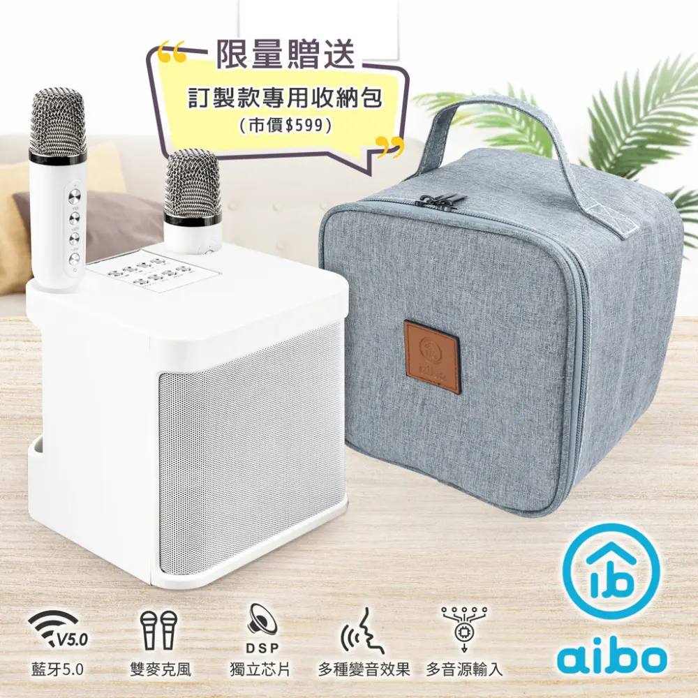 aibo 雙人對唱行動KTV 藍牙喇叭無線麥克風組(加贈專用收納包)/ 白色