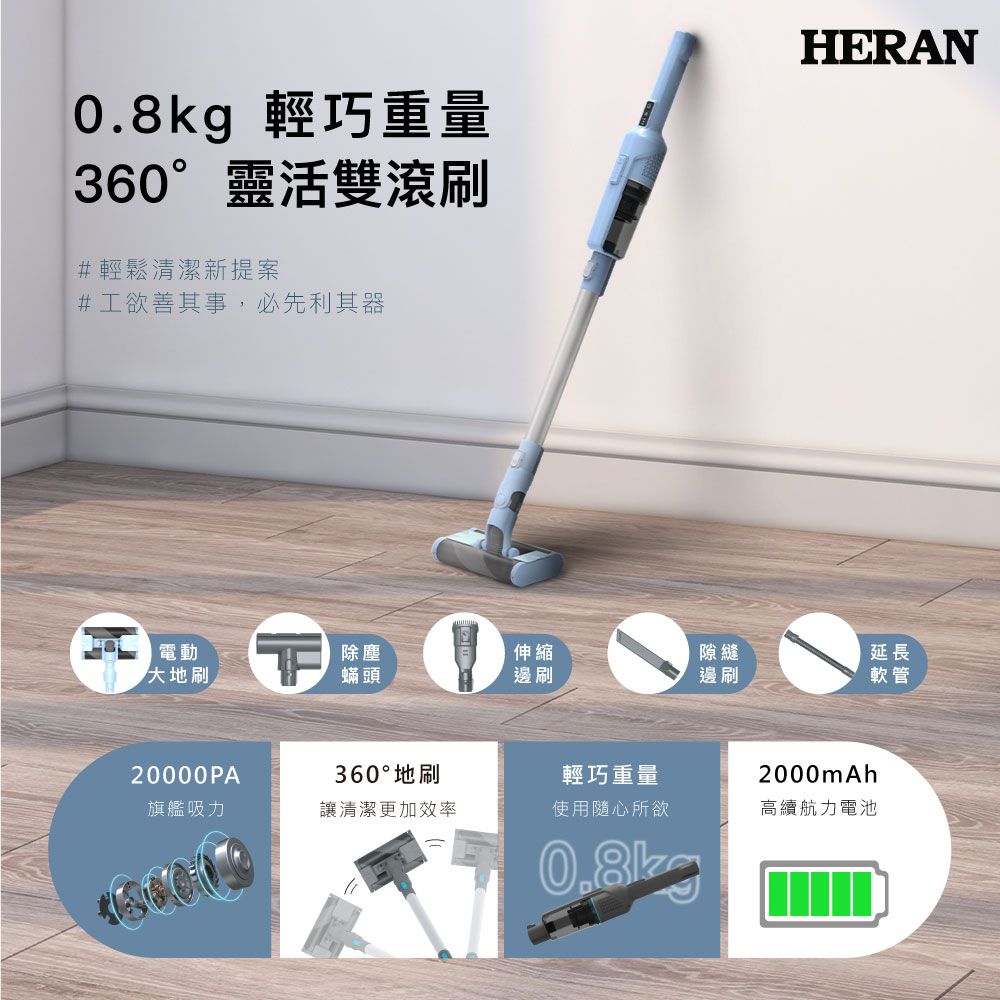 【限量尾數機下殺】HERAN禾聯 360°多指向雙滾刷無線手持吸塵器(HVC-25SCG5B)