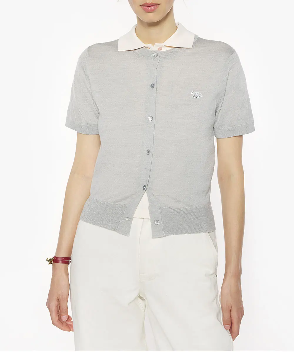 MAISON KITSUNÉ 雲霧灰小狐狸LOGO經典短袖開襟針織衫/女裝/ XS