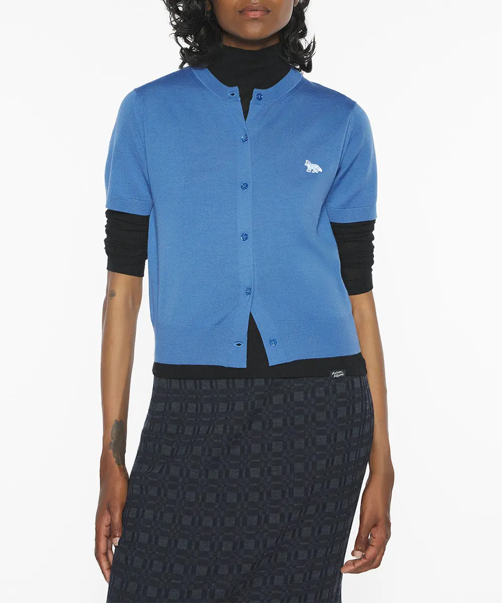 MAISON KITSUNÉ 岩石藍小狐狸LOGO經典短袖開襟針織衫/女裝/ M