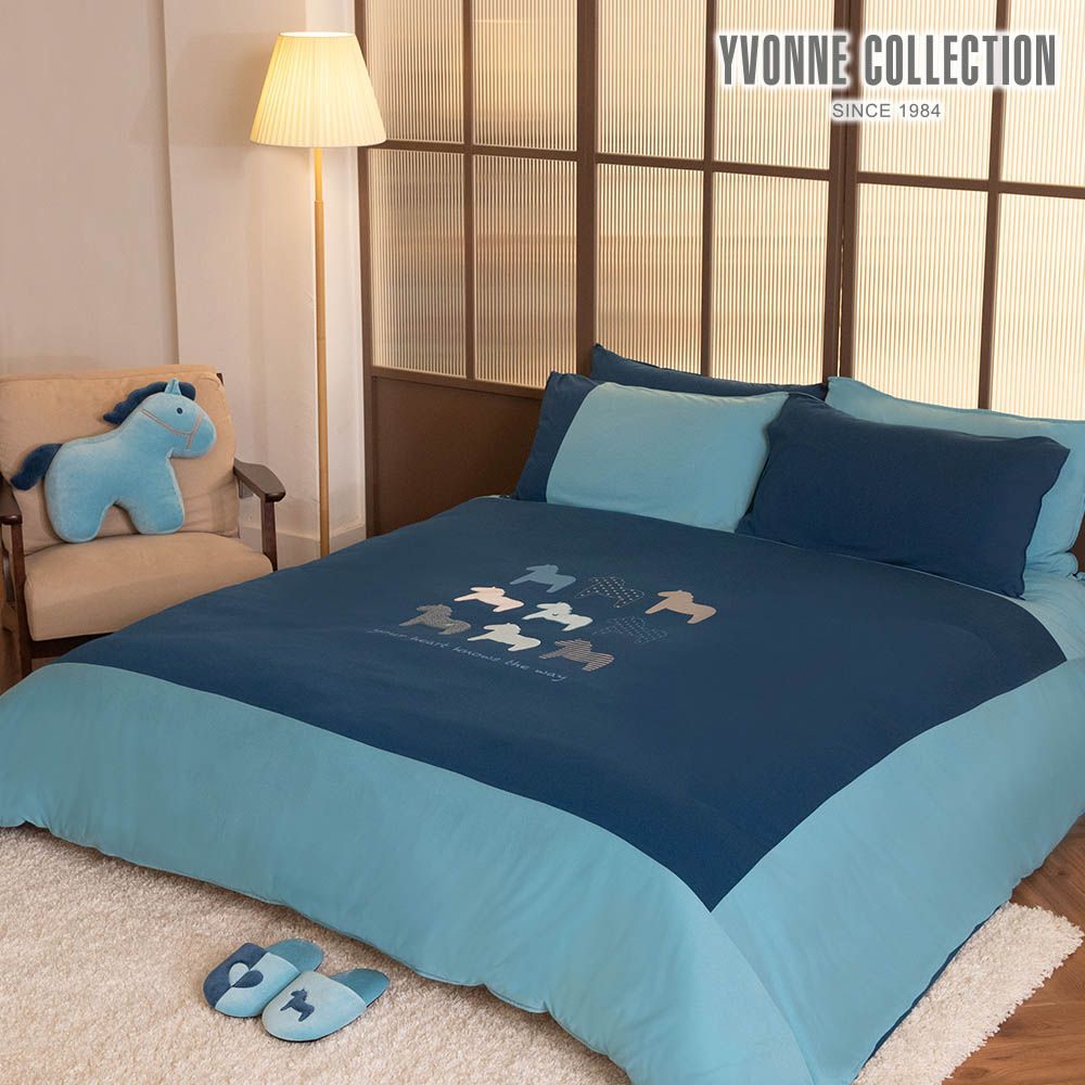 高品質美國棉✦YVONNE COLLECTION冰島馬 雙人被套+枕套組-極光藍