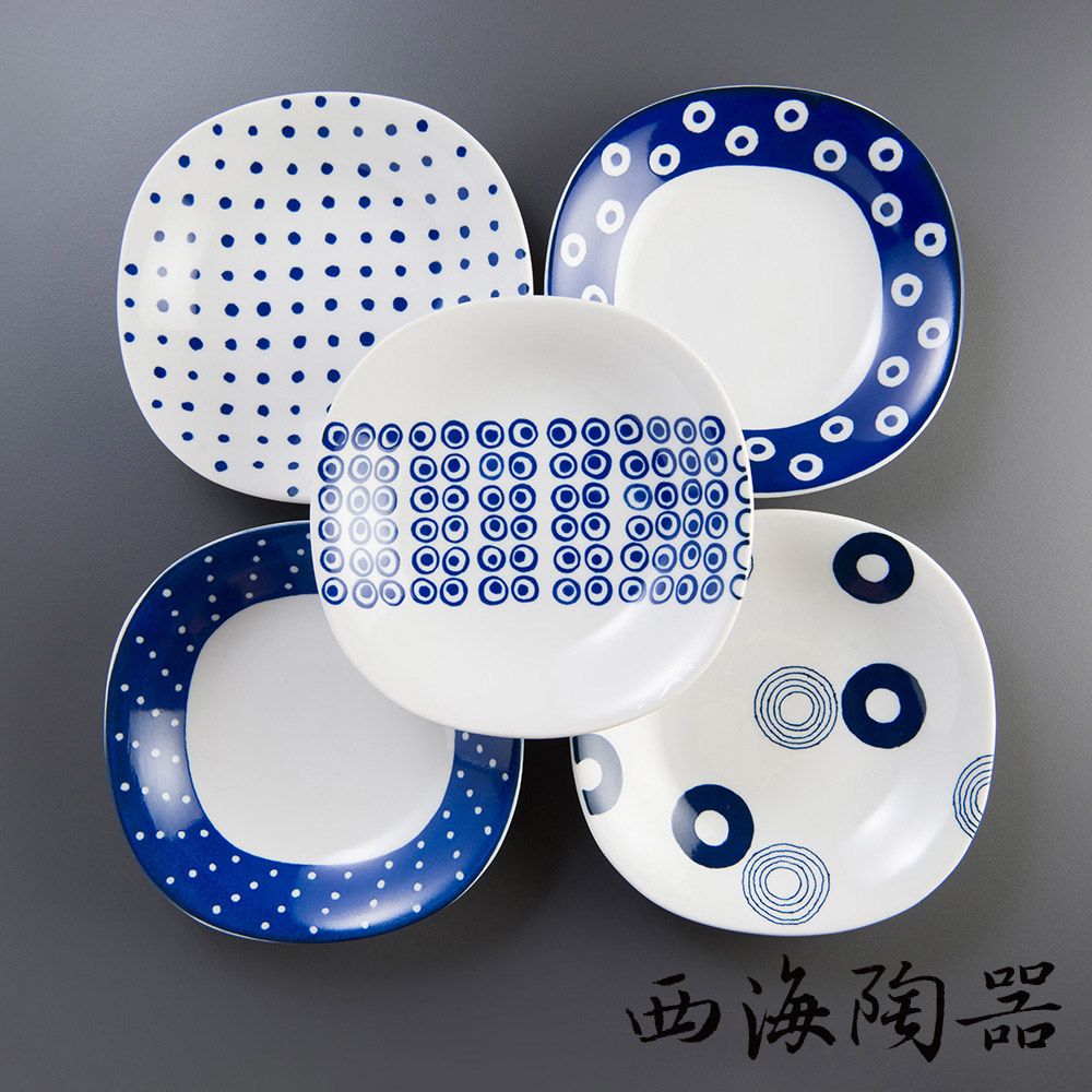 [西海陶器] 波佐見燒 藍丸紋輕量沙拉盤(5件式) - 禮盒組