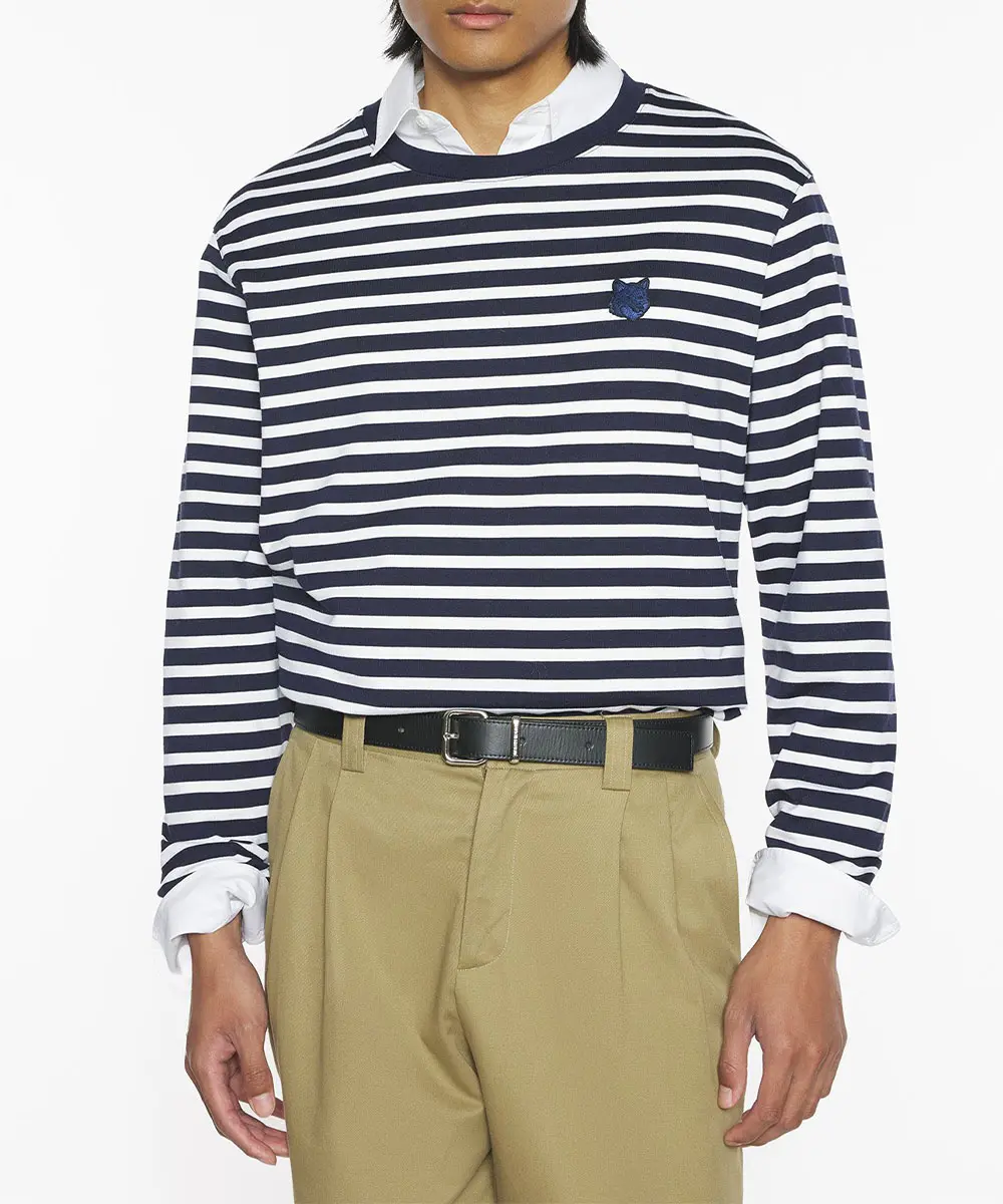 MAISON KITSUNÉ 海軍藍條紋變化狐狸頭LOGO長TEE_男/中性/ M