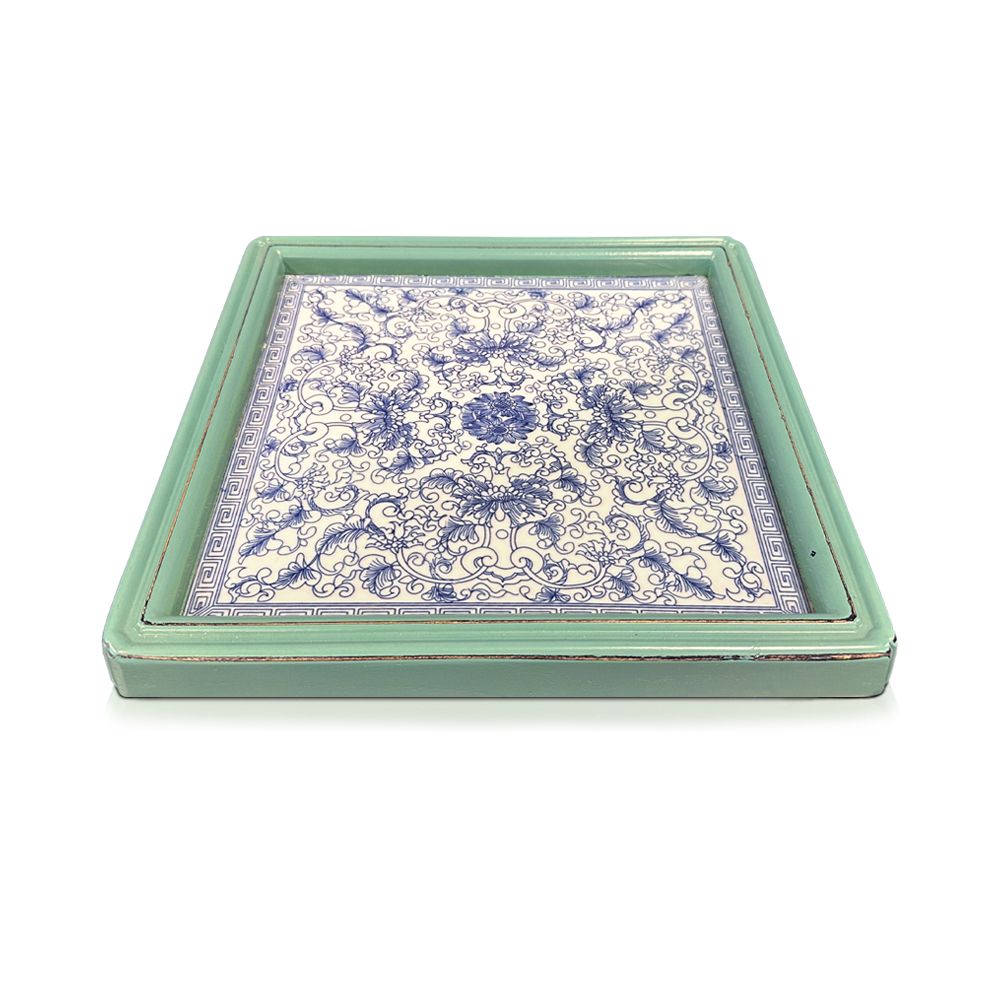 【C'est Chic】玥笙薈景德鎮青花瓷方茶盤-幅27.5cm-風化藍綠