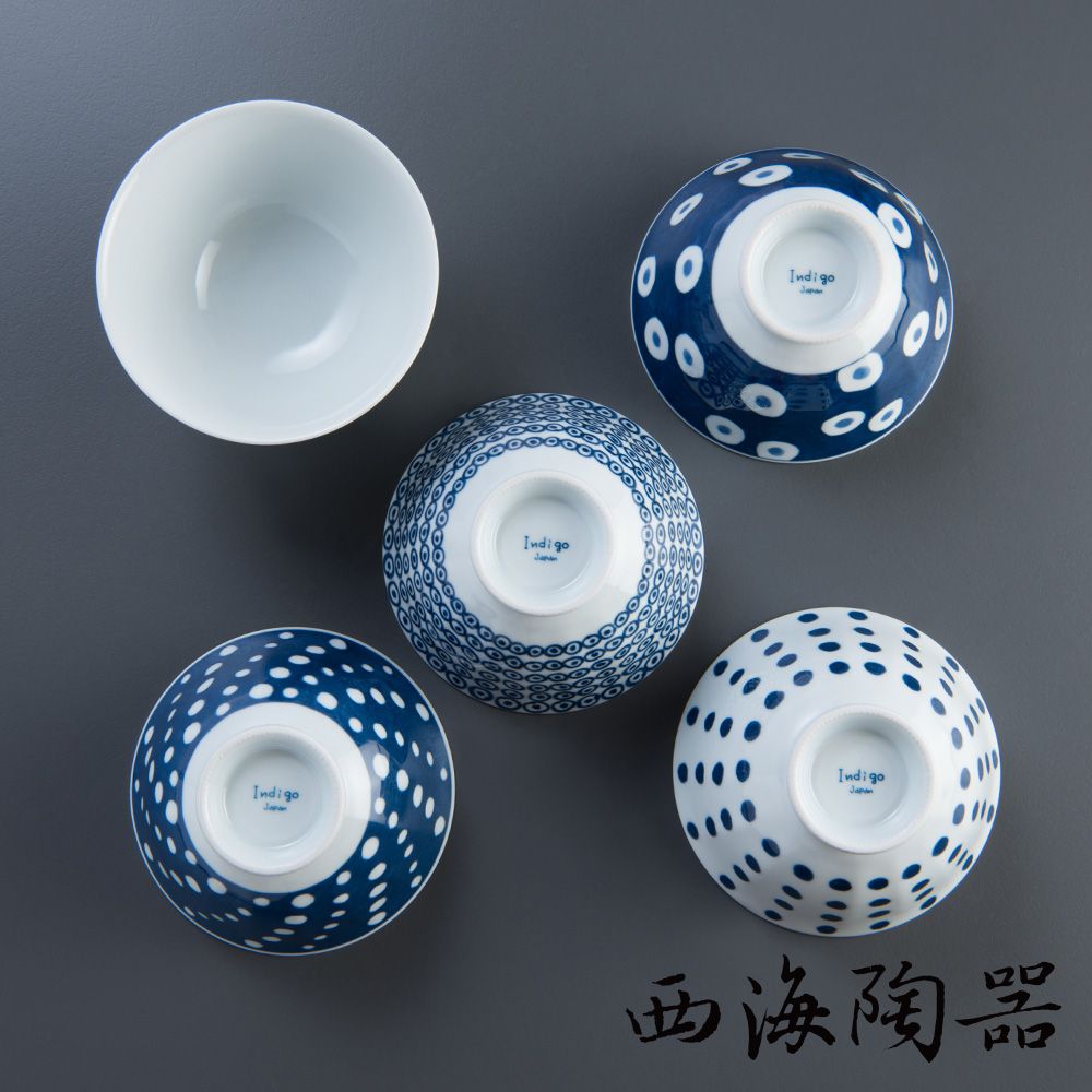 [西海陶器] 波佐見燒 藍丸紋輕量飯碗(5件式) - 禮盒組