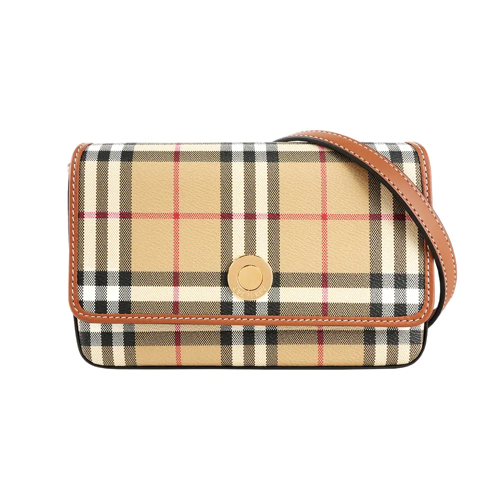 【BURBERRY】Hampshire 經典格紋及小牛皮翻蓋斜背包(經典米色)/ 平行輸入