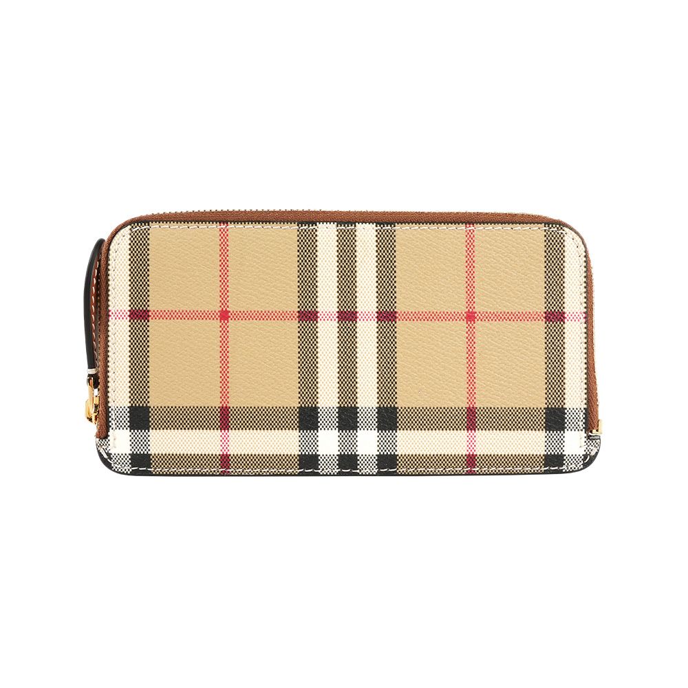 【BURBERRY】格紋簡易窄款拉鍊長夾(經典米色)/ 平行輸入
