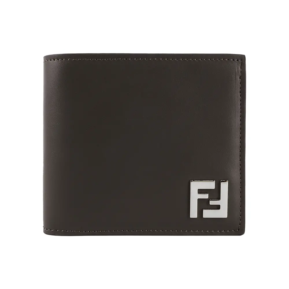 【FENDI】銀色FF Logo 皮革拼接塗層帆布對開8卡短夾(綠色/棕色)/ 平行輸入