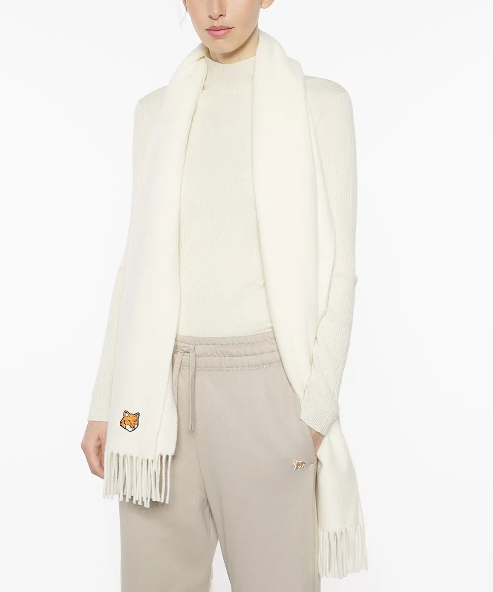 MAISON KITSUNÉ 復古象牙白橘變化狐狸頭LOGO圍巾