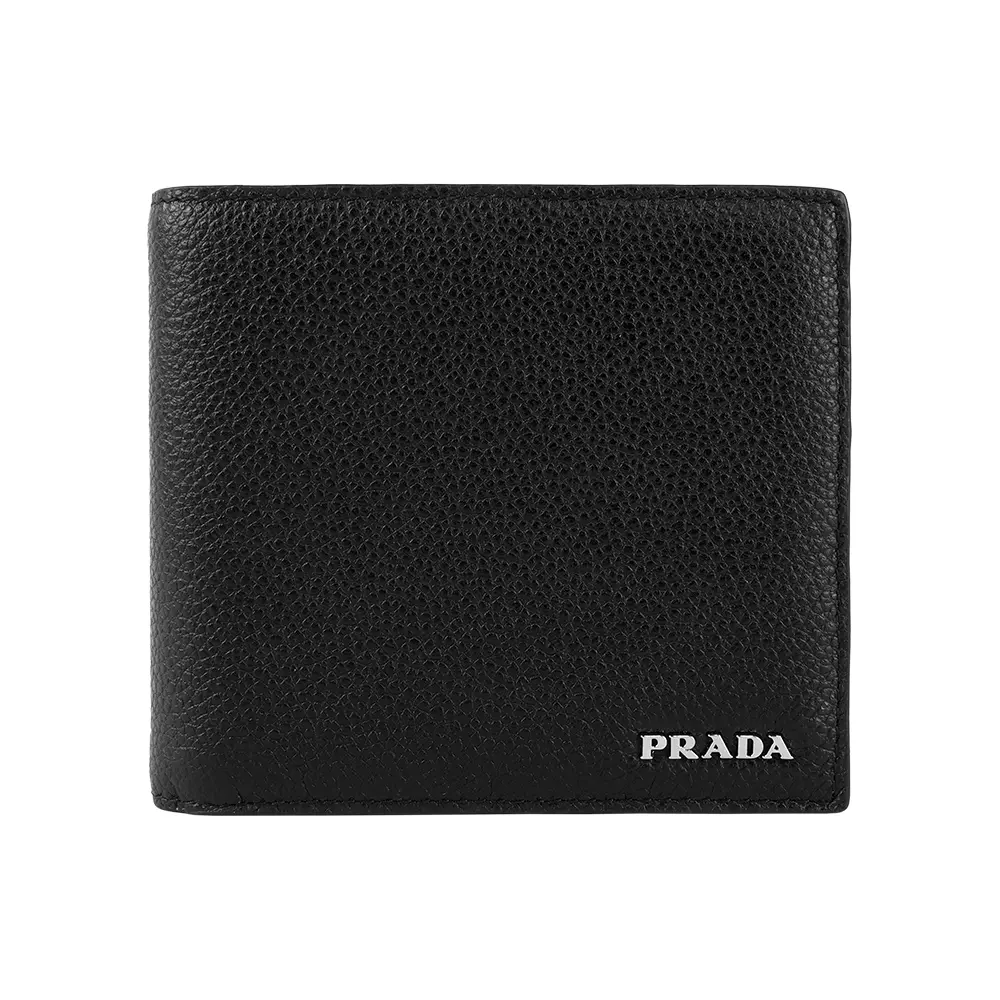 【PRADA】銀字Logo 粒紋皮革對開8卡短夾(黑色)/ 平行輸入