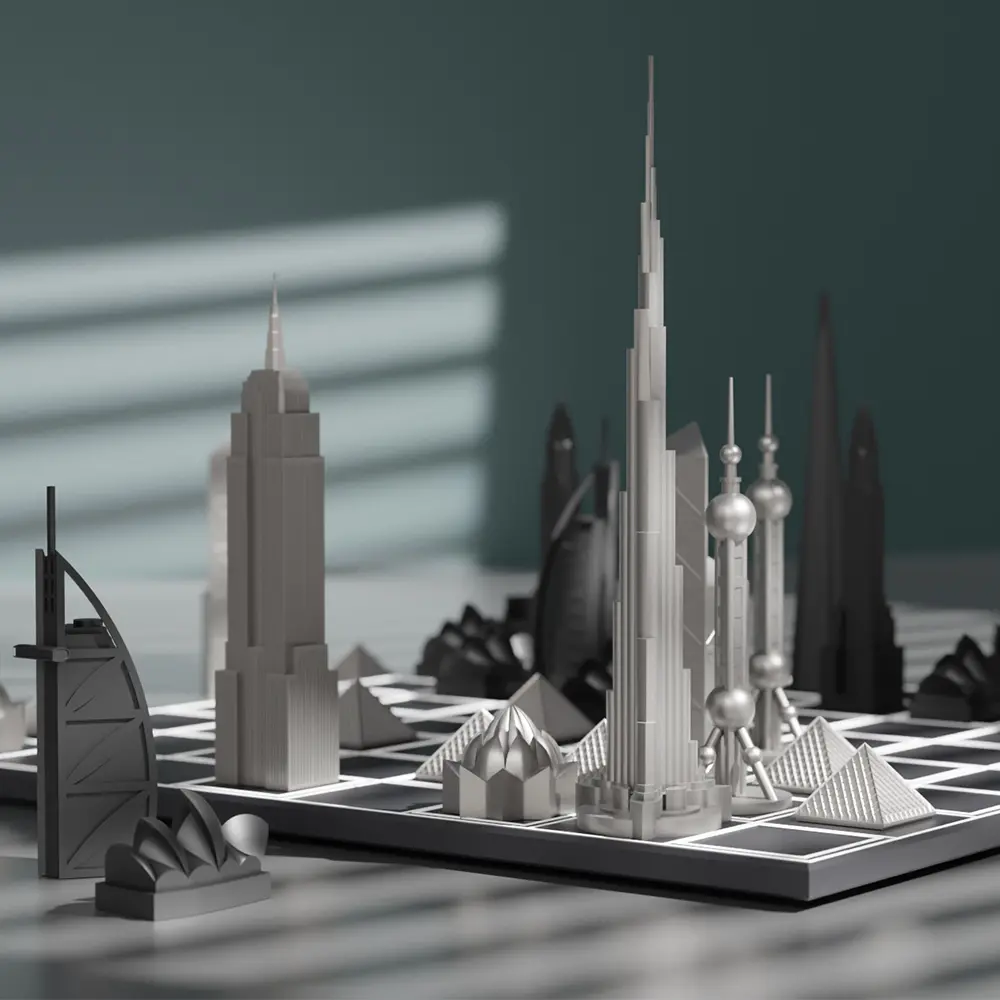 【英國Skyline】豪華不鏽鋼 城市西洋棋-世界地標版 (大理石棋盤)
