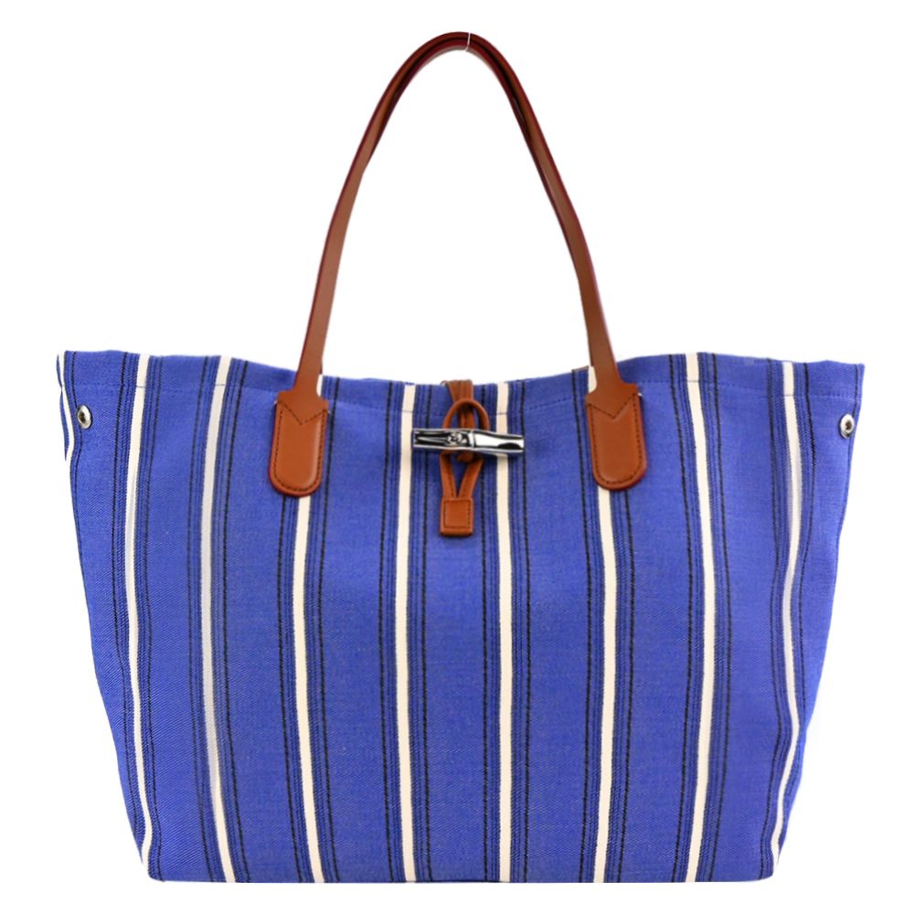 LONGCHAMP ROSEAU ESSENTIAL RAYÉ系列竹節帆布條紋托特包(大/鈷藍)/平行輸入