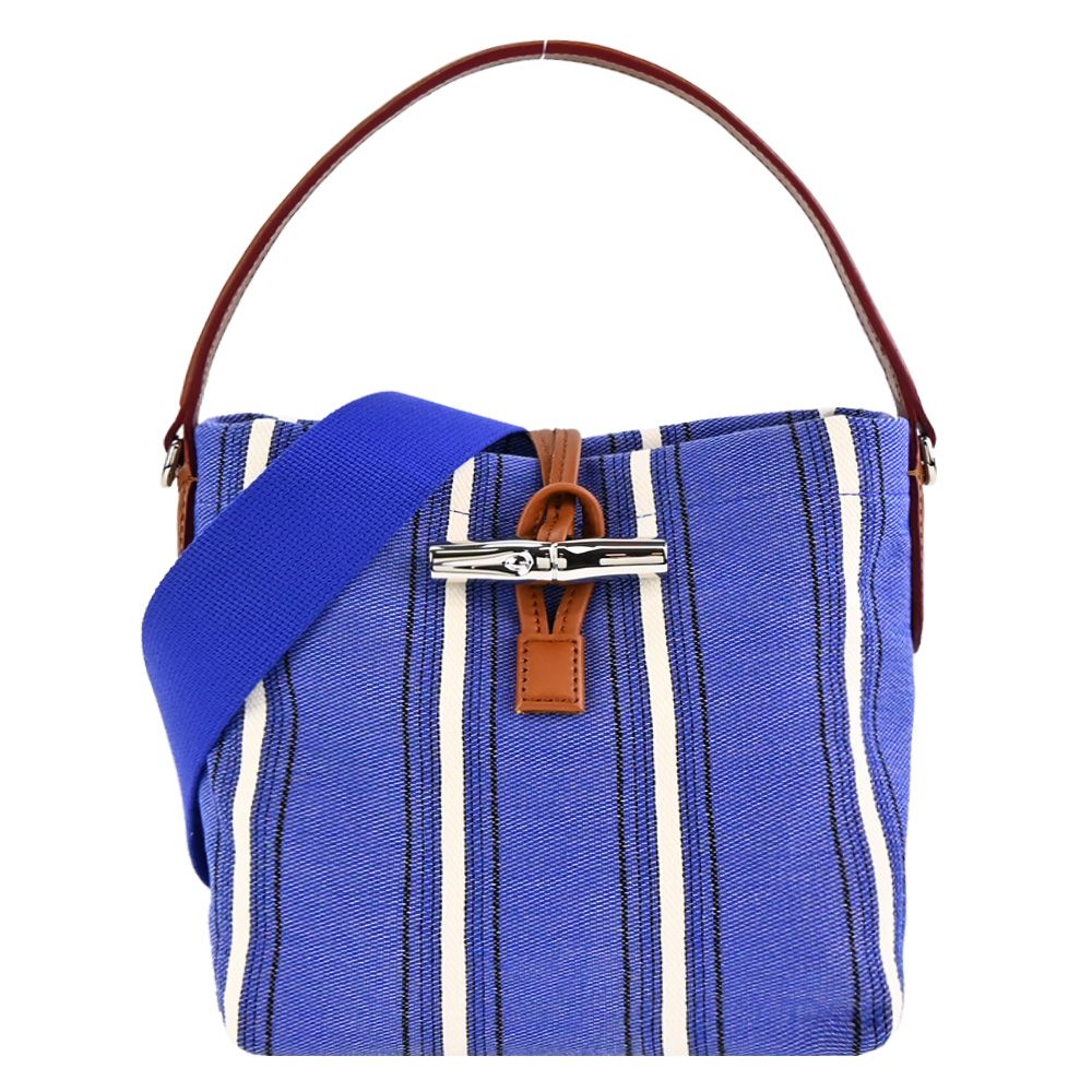 LONGCHAMP ROSEAU ESSENTIAL RAYÉ系列竹節帆布條紋兩用水桶包(小/鈷藍)/平行輸入