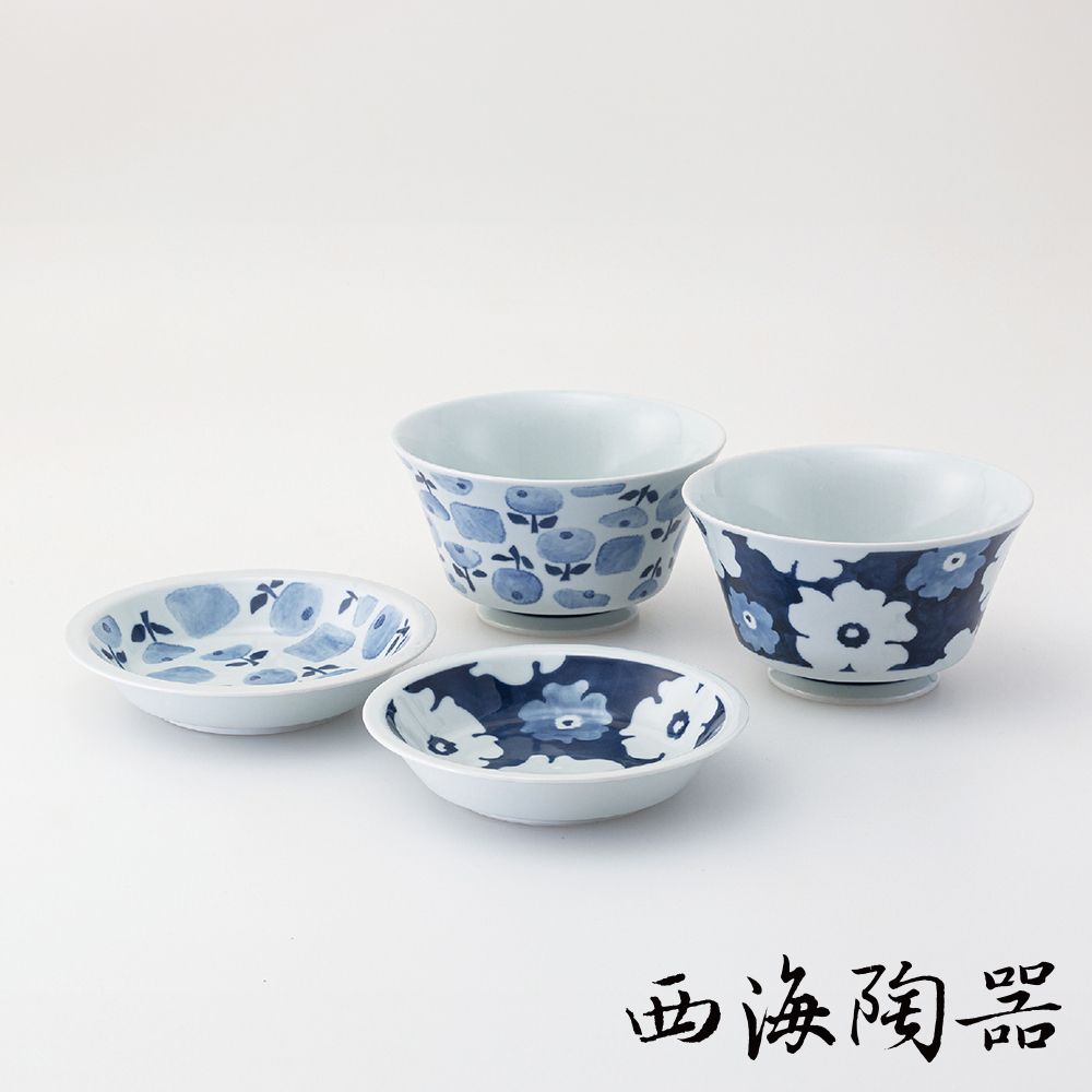 [西海陶器] 波佐見燒 藍花紋丼飯碗盤組(4件式) - 禮盒組