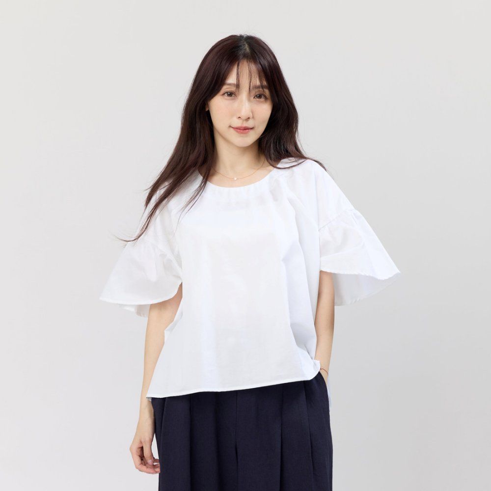 好我 so that's me Ashley圓領細褶連袖上衣/白/ FREE SIZE