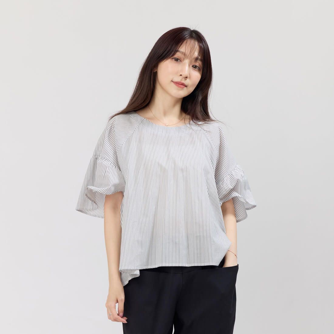好我 so that's me Ashley圓領細褶連袖上衣/黑白直條BJ/ FREE SIZE